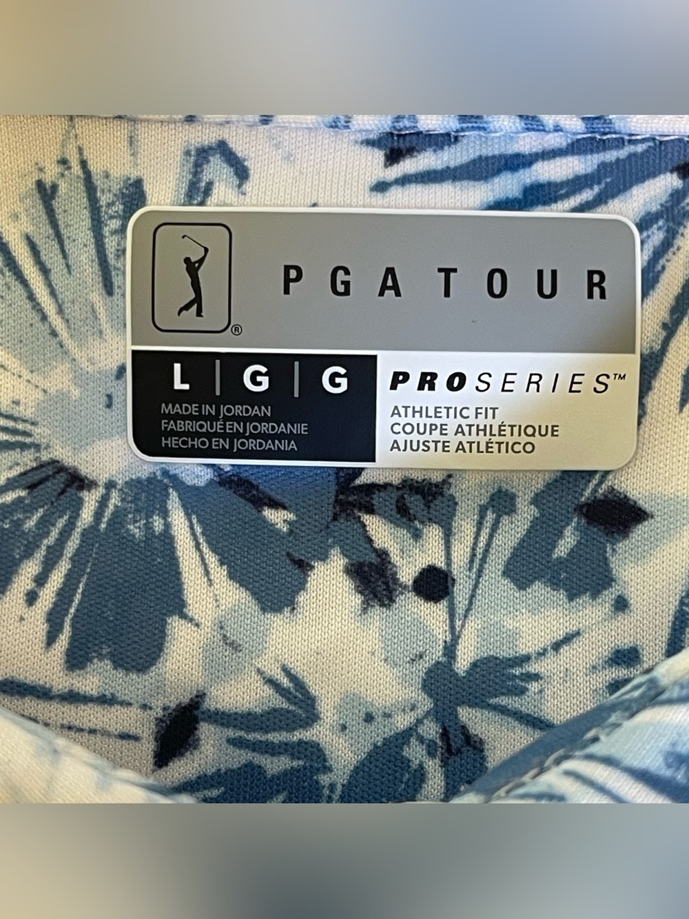 PGA Tour Men’s Large Blue and White Print Short Sleeve Polo Floral Firework - Picture 3 of 11